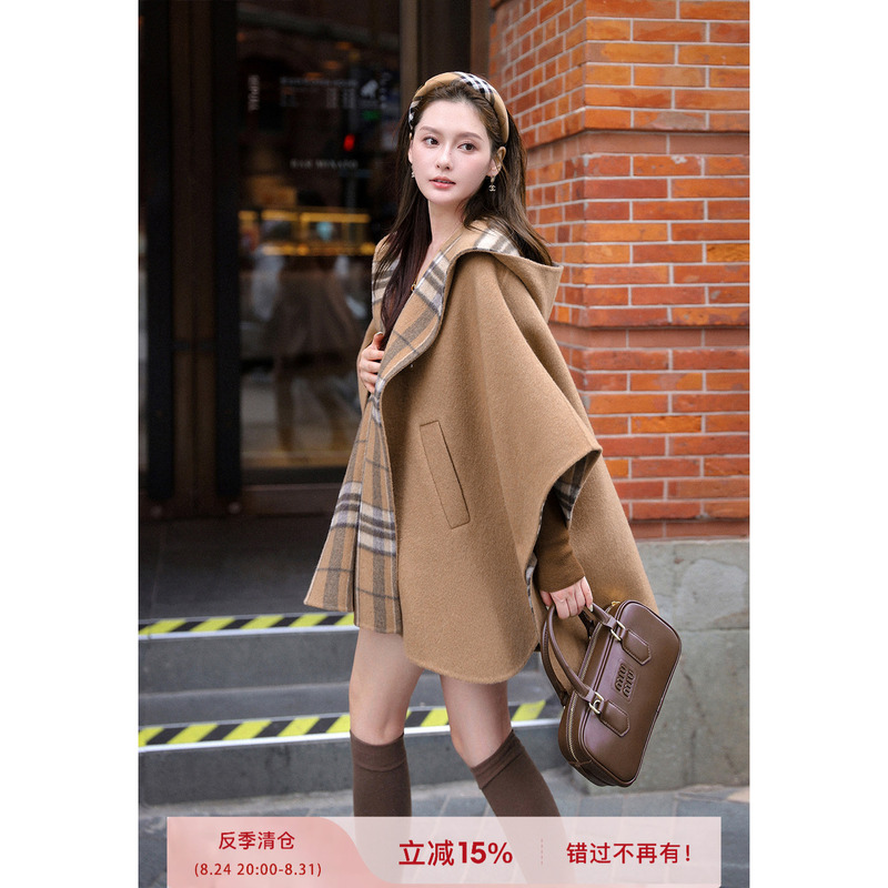 Off-Season Clearance: Old Money Style, Lazy Plaid Two-Tone Hooded Double-Sided Wool Shawl, New Cape Coat Off-Season Clearance: Old Money Style, Lazy Plaid Two-Tone Hooded Double-Sided Wool Shawl, New Cape Coat