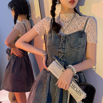 Plum cooked the art retro drawing rope to design denim dress 2021 new cashew slim short and short hanging band dress Summer