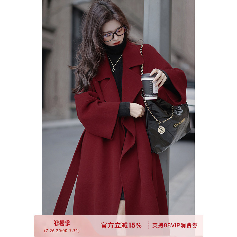 Plums Are Ripe, the "Downton Coat" Cashmere & Wool Coat, Winter Red Long Lapel Woolen Coat for Women