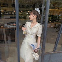 Plum cooked fashion style white jacquard bubble sleeve dress female 2021 autumn model slim slim