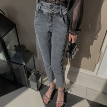 Plum cooked fashion Joker double-breasted high waist jeans children 2021 autumn slim slim pants