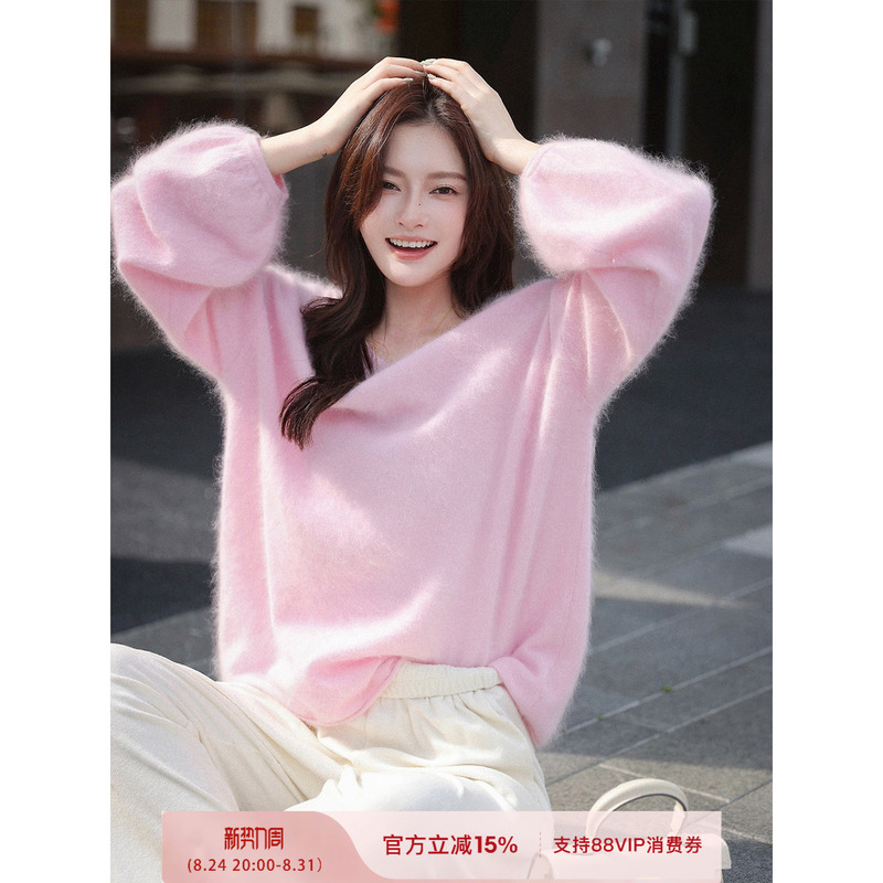 Off-Season Clearance 100% Cashmere Gentle and Lazy Loose Round-Neck Sweater for Women, Autumn and Winter Lantern Sleeve Knit Top Off-Season Clearance 100% Cashmere Gentle and Lazy Loose Round-Neck Sweater for Women, Autumn and Winter Lantern Sleeve Knit Top