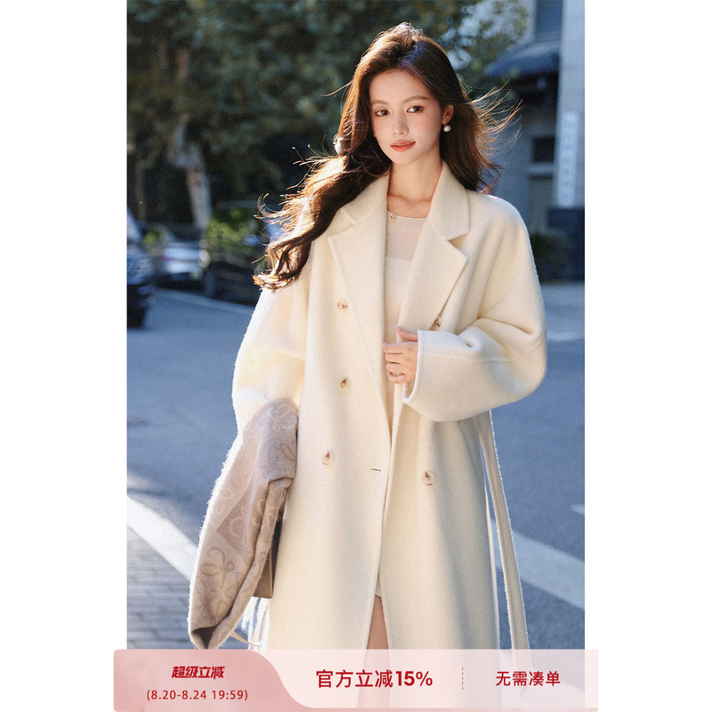 Plums Are Ripe, the Winter White Mid-Length Wool Double-Sided Coat with a High-End Feel for Petite Figures Plums Are Ripe, the Winter White Mid-Length Wool Double-Sided Coat with a High-End Feel for Petite Figures