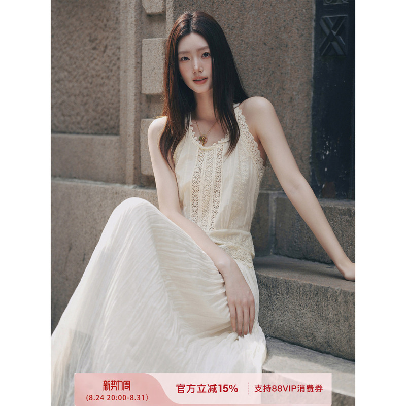 Plums Are Ripe, the French Lace Waist-Cinching Long Dress from Corsica Is a Flowing, Sleeveless Tank Dress for Women