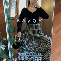 Plum cooked air quality velvet stitching check color long sleeve slim dress long 2020 autumn and winter New