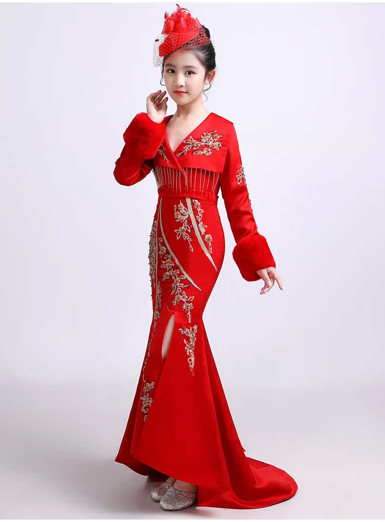 Cô gái nhỏ chủ nhà catwalk váy đuôi dài mùa đông trong trang phục trẻ em lớn váy trẻ em phong cách Trung Quốc bộ vest gile đẹp cho bé trai