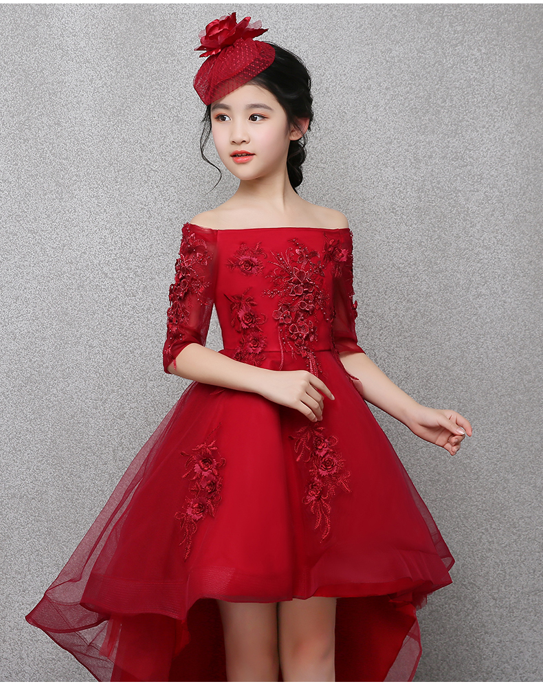Váy một bên vai ngắn ngắn dài trẻ em mẫu catwalk trang phục cô gái công chúa váy cô gái trang phục màu đỏ váy trẻ em 11 tuổi