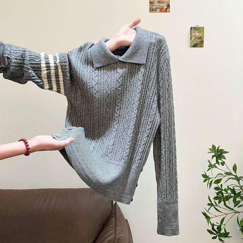 Striped Polo Collar Knitted Sweater for Women, Autumn and Winter Korean Style, College Style, Outerwear or Inner Layer, High-End Base Shirt Top