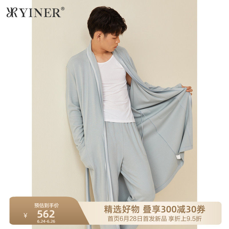 Soundtrack YINERlife Home Residence Autumn winter medium Long version V-collar suede Lace Men Sleeping Robes