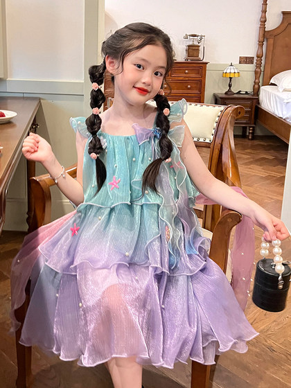 栀了成长记童装女童美人鱼公主裙夏装儿童小女孩彩虹渐变连衣裙