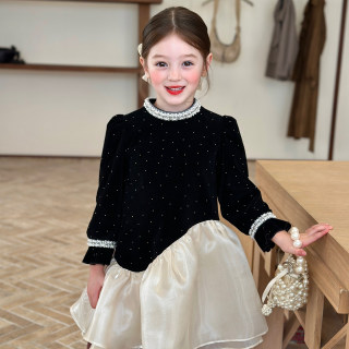 栀了成长记童装女童名媛风丝绒连衣裙秋冬儿童加绒裙子网纱公主裙