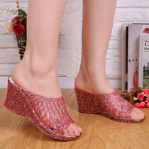 Summer new transparent women's crystal sandals and slippers high heel slope heel thick-soled plastic sandals princess shoes middle-aged fashion