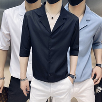 Summer short sleeve shirt male body hair stylist suit collar ruffled with 70% sleeves shirt Han version pure color mid-sleeve V collar