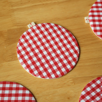 Fine red grid cotton linen 9cm round hand-made clip Cotton Cup cushion tea pad cute small object
