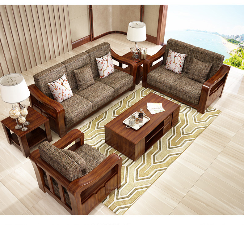 Huari nhà ba đôi chút sofa gỗ vải của đồ nội thất phòng khách hiện đại Trung Quốc mới rắn sofa gỗ kết hợp - Ghế sô pha giường ghế sofa
