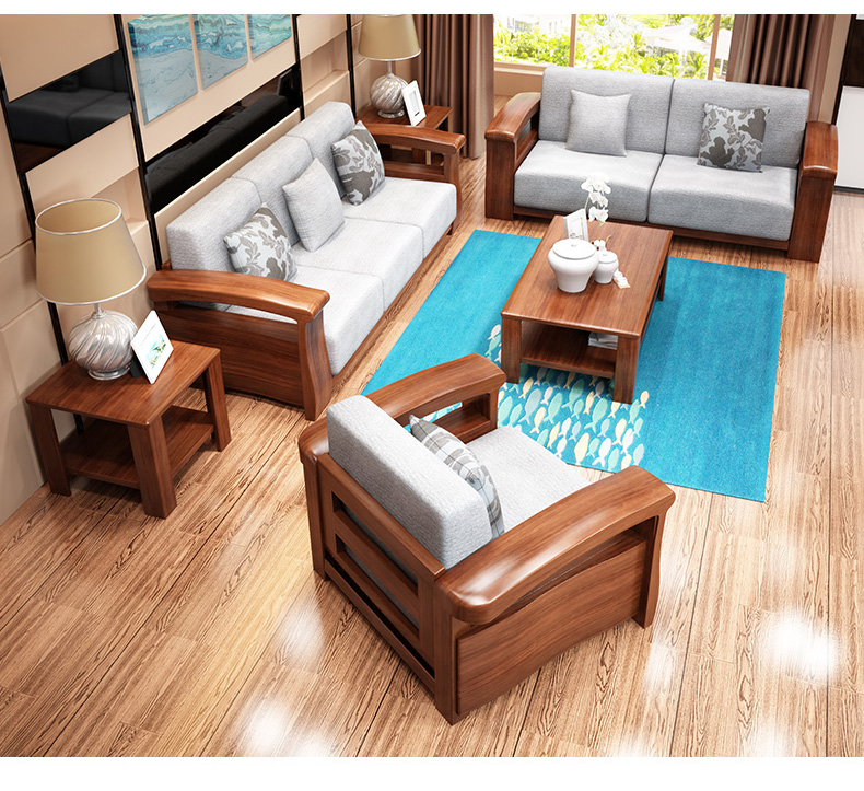Huari nhà 1/2/3 sự kết hợp của rắn sofa gỗ ghế sofa vải kết hợp tối giản đồ nội thất phòng khách gỗ Trung Quốc mới - Ghế sô pha sofa lười