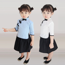 Good quality Republic of China style girl Hanfu national school uniform childrens performance clothing cotton and linen retro daily short-sleeved school uniform skirt