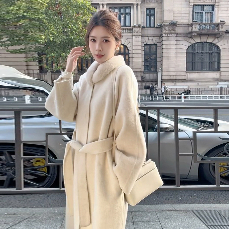 Mink Fur Collar Double-Sided Cashmere Woolen Coat for Women 2026 Spring and Autumn New Hepburn Style High-End Feel