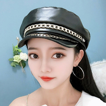 Flat-top navy hat female spring and autumn British retro European and American art black all-match Fashion bright leather eaves pear cap