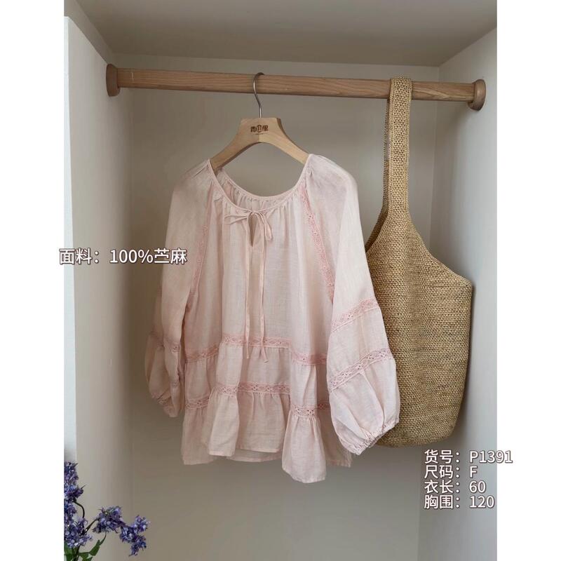 P1391-Korean Style Spring and Summer 100% Ramie Pullover Doll Shirt with Lace-Up Loose Fit and Layered Lace Shirt Top P1391-Korean Style Spring and Summer 100% Ramie Pullover Doll Shirt with Lace-Up Loose Fit and Layered Lace Shirt Top