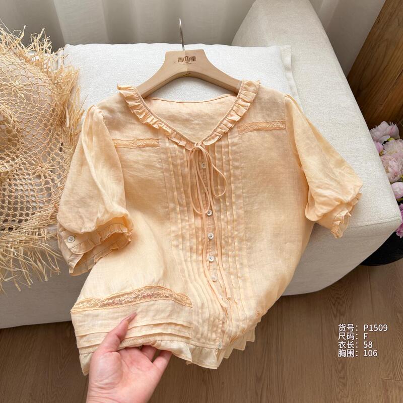 P1509-100% Ramie French Lace Patchwork Ruffled Tie-Up Pleated Shirt Summer Ruffle Blouse P1509-100% Ramie French Lace Patchwork Ruffled Tie-Up Pleated Shirt Summer Ruffle Blouse