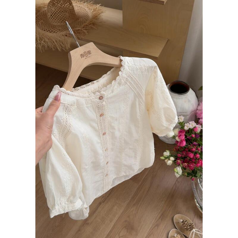 P1432- "Dandelion" French-Style Gentle Washed Pure Cotton Heavy Embroidery Lace Round Neck Slimming Short-Sleeve Shirt P1432- "Dandelion" French-Style Gentle Washed Pure Cotton Heavy Embroidery Lace Round Neck Slimming Short-Sleeve Shirt