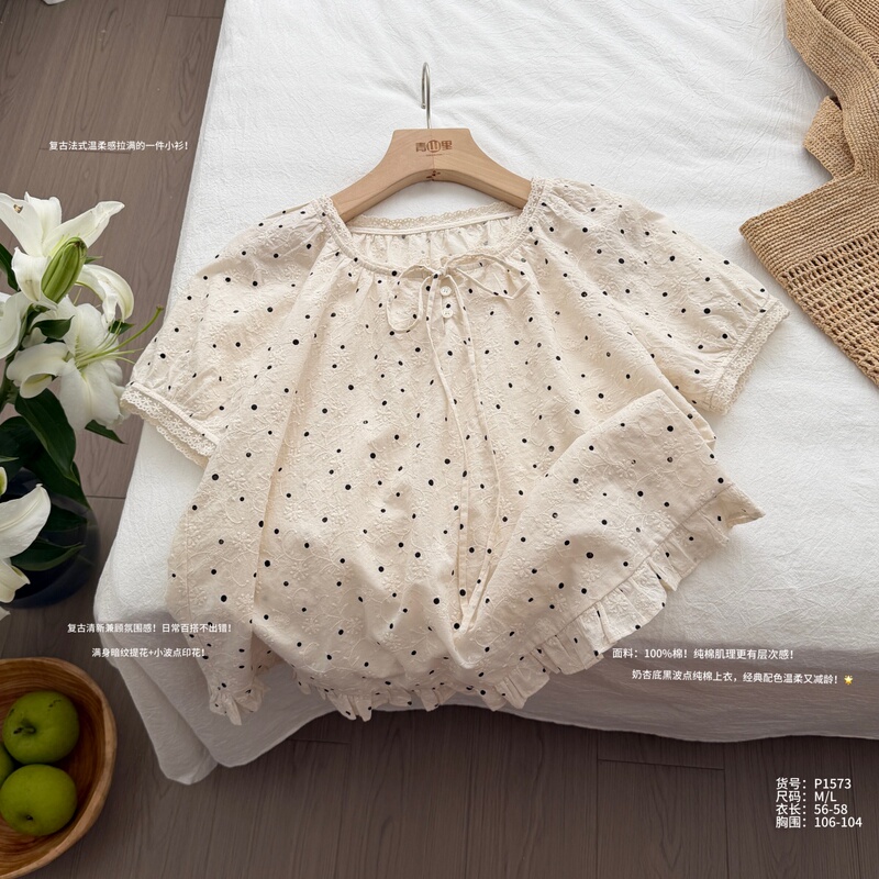 P1573-100% Cotton Korean-Style Polka Dot Embroidered Lace Patchwork Shirt, New Summer Lace Blouse P1573-100% Cotton Korean-Style Polka Dot Embroidered Lace Patchwork Shirt, New Summer Lace Blouse