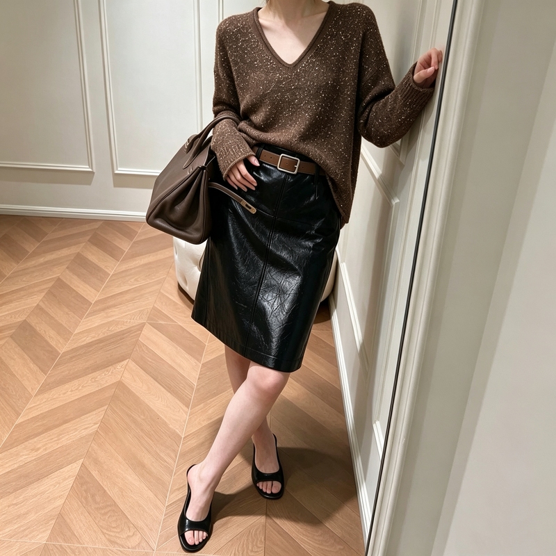 2026 Autumn and Winter New Women's Retro Style Sequined Sweater High-Waisted Slimming A-Line Leather Skirt Versatile Workwear Set