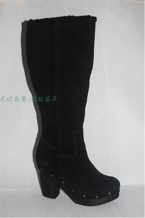 36.5B # Black Suede Leather with Rivets, Zipper on the Inside, and Faux Fur High-Heeled Boots. 36.5B # Black Suede Leather with Rivets, Zipper on the Inside, and Faux Fur High-Heeled Boots.