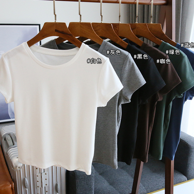 短款纯色圆领T恤女短袖春夏白色体恤