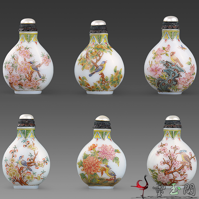 清代乾隆年制款花鸟图珐琅彩玻璃胎鼻烟壶套装老鼻烟壶纯手工老货