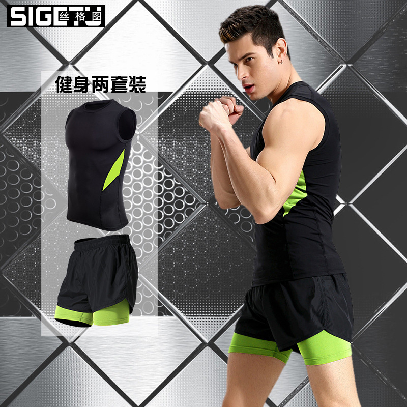 Sports fitness suit men's bodybuilding running tight quick-drying stretch breathable sleeveless fake two-piece shorts two-piece set