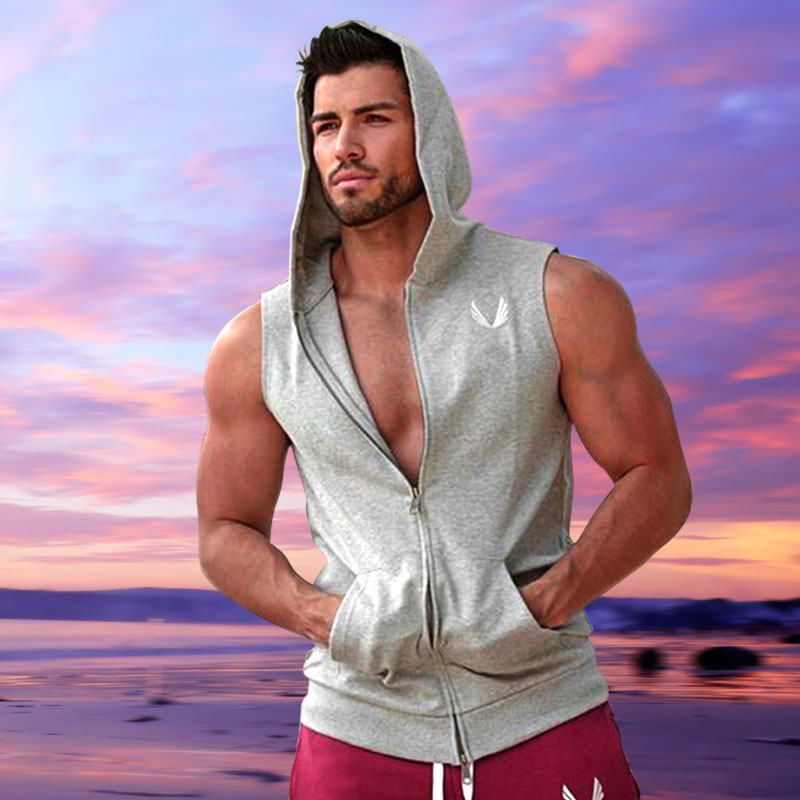 Muscle fitness brother vest men hooded cardigan Running vest sleeveless horse clip waistcoat sexy trend