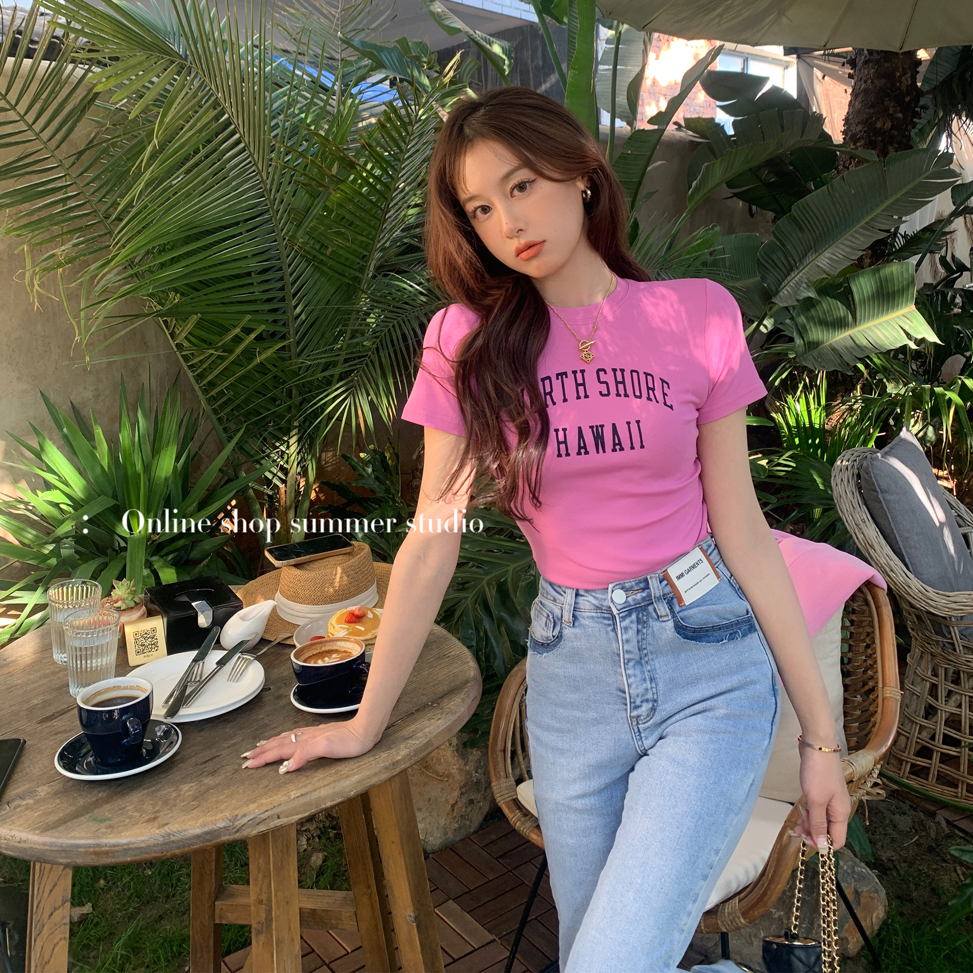 Summer home pink short sweet spicy top slim American retro hot girl short-sleeved t-shirt female 2022 summer new