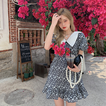 Heart signal] Summer home waist a word ruffle bubble sleeve floral doll collar dress child temperament