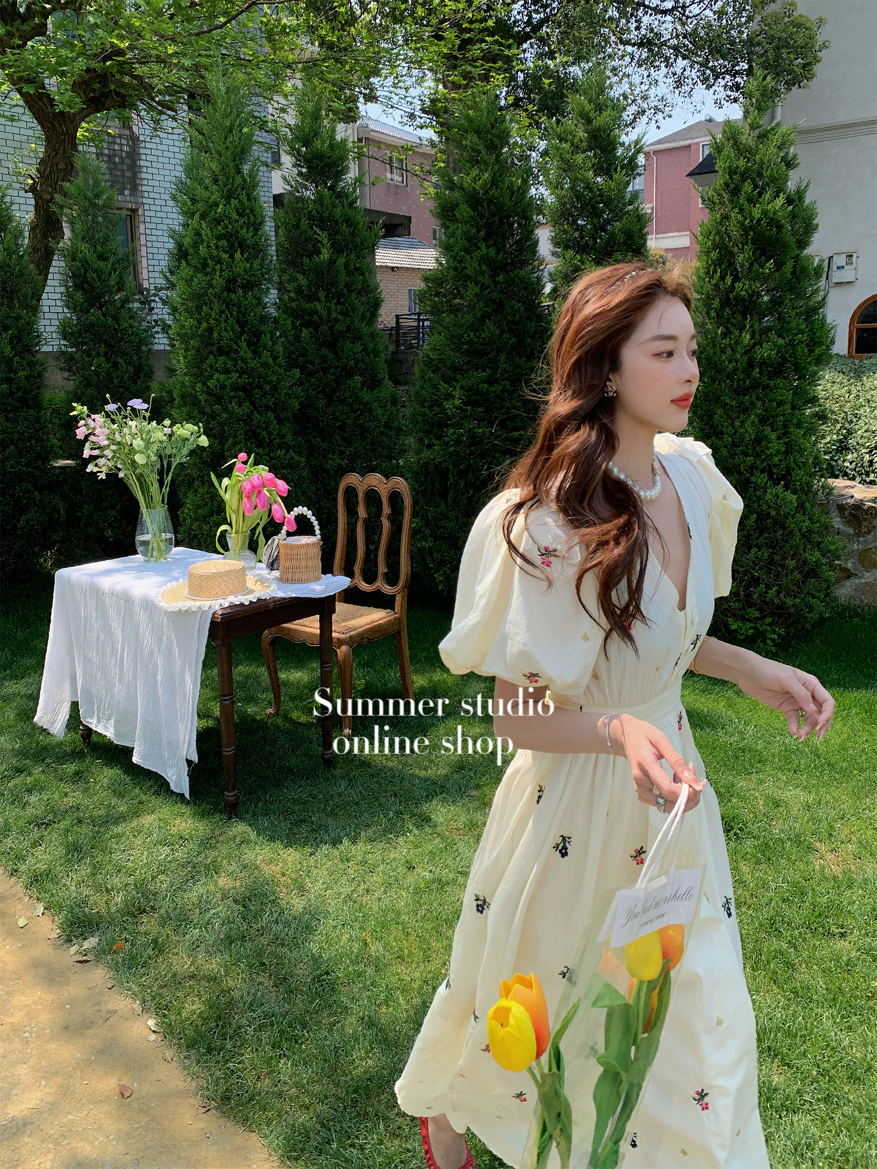 (French Romance) Summer Home Premium Heavy Industry Embroidery Puff Sleeve Dress Women's Long Version Covers Meat and Shows Thinness