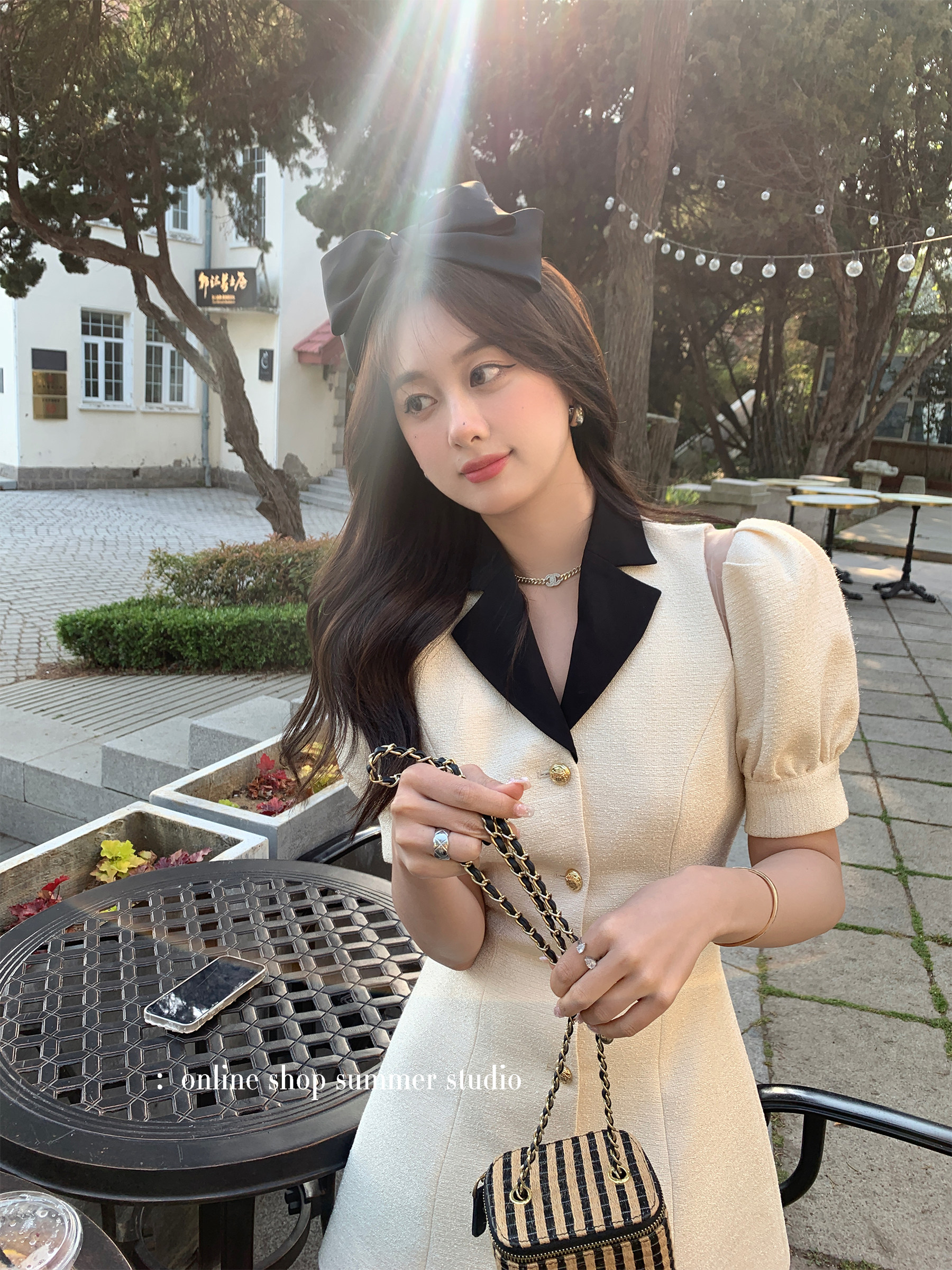 Summer home French temperament small fragrant wind waist A-line skirt splicing suit collar puff sleeve dress female minority