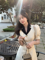 Summer home French temperament small fragrance waist A-word skirt splice suit bubble sleeve dress female