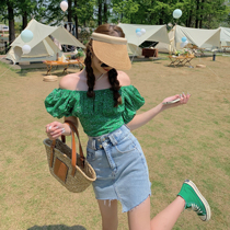 Summer home green shoulder shoulder-shattered shattered blubber sleeve shirt woman summer short sleeve beautiful shirt