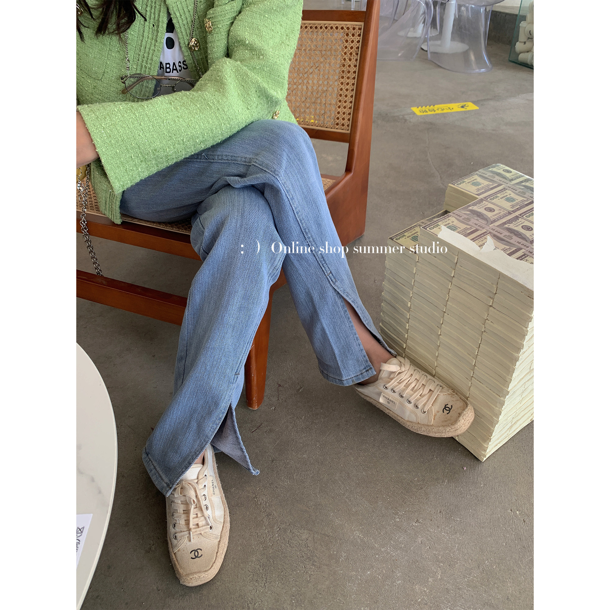 Summer home high waist thin straight wide leg slit jeans women's micro flared pants design sense niche mopping pants