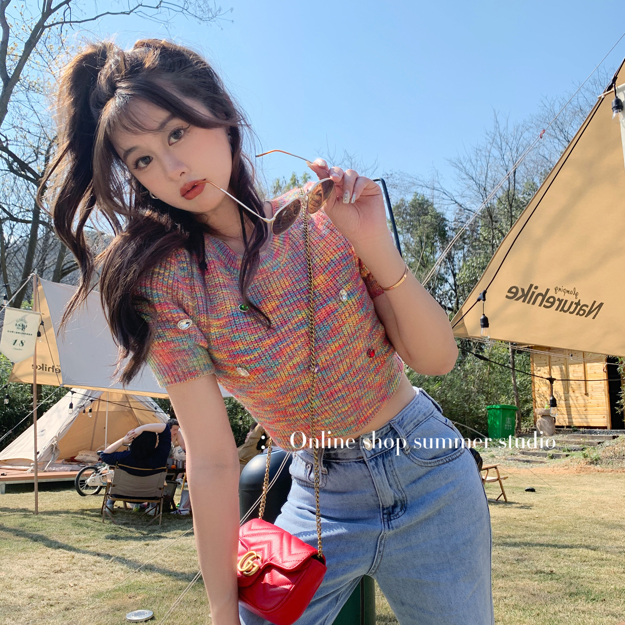 Summer home Summer Rainbow color Heavy work bright drilling short knitted hot girl blouse T-shirt with short sleeve T-shirt female design feeling small