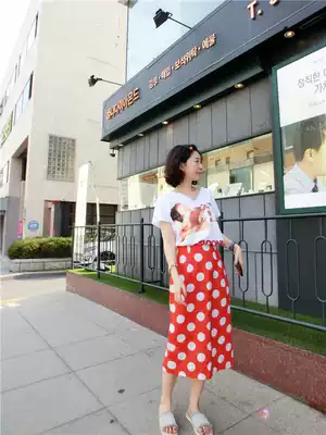 BORAKOO Korea Dongdaemun Summer Orange red large round dot polka dot cotton and linen skirt short skirt