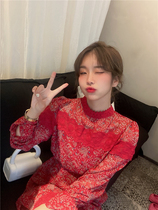 BORAKOO BORAKOO Korea Dongdaemun generation early spring knock love red lace floral chiffon dress