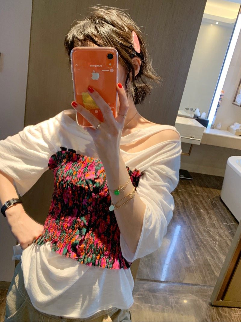 BORAKOO South Korea Dongdaemun summer pink and purple floral pleated elastic waist wrap chest vest