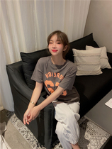 BORAKOO Korea Dongdaemun Spring Gray Coffee orange letter back Lace short-sleeved T-shirt