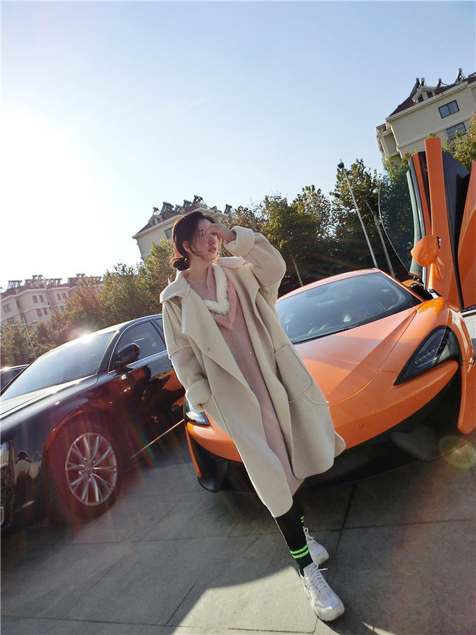 Special BORAKOO Korean Dongdaemun winter super nice beige suede velvet lamb wool long cotton coat