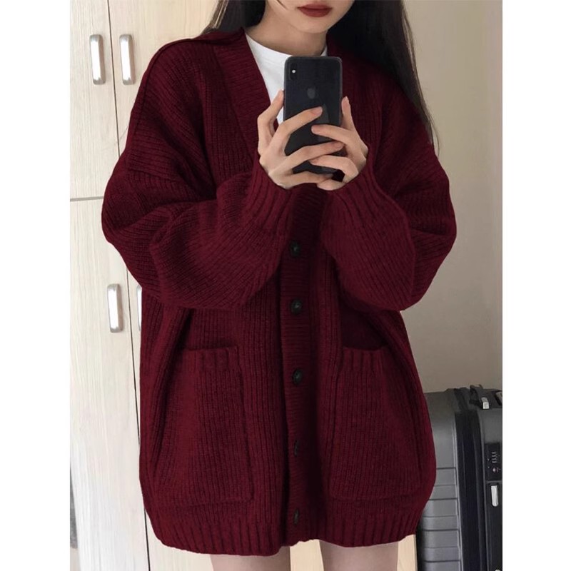 2026 Autumn/Winter New College Style V-Neck Thick Knitted Cardigan Lazy Style Loose Versatile Red Sweater Jacket 2026 Autumn/Winter New College Style V-Neck Thick Knitted Cardigan Lazy Style Loose Versatile Red Sweater Jacket