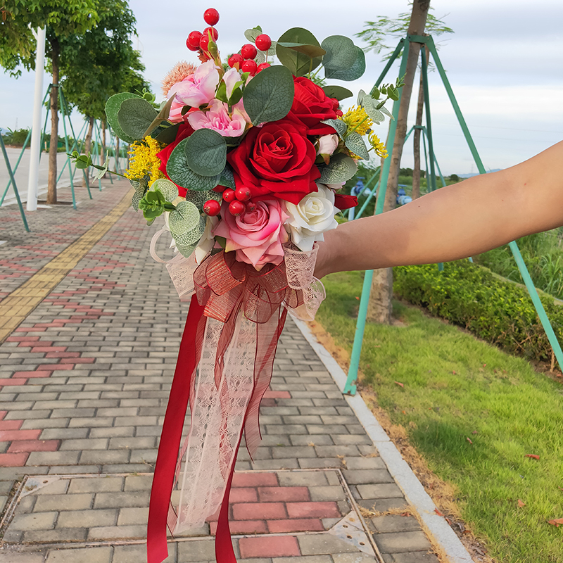 Mori Korean style high-end hand flower Bride wedding simulation flower red flannel Chinese wedding wedding photography photo