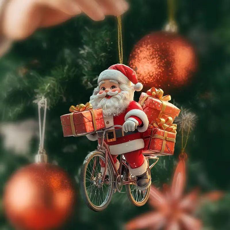 New Bicycle Santa Claus Flat Acrylic Old Man Snowman Car Rearview Mirror Decoration Pendant Christmas Gift