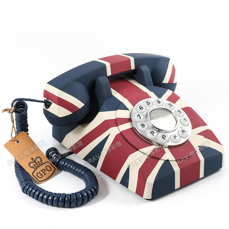 British import GPO flag decorated in English style retro press dial telephone fixed with rope base machine
